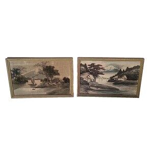 Japanese Silk Embroidery Tapestry Art Set Of 2 Textile Art VTG Green/Gold Frames